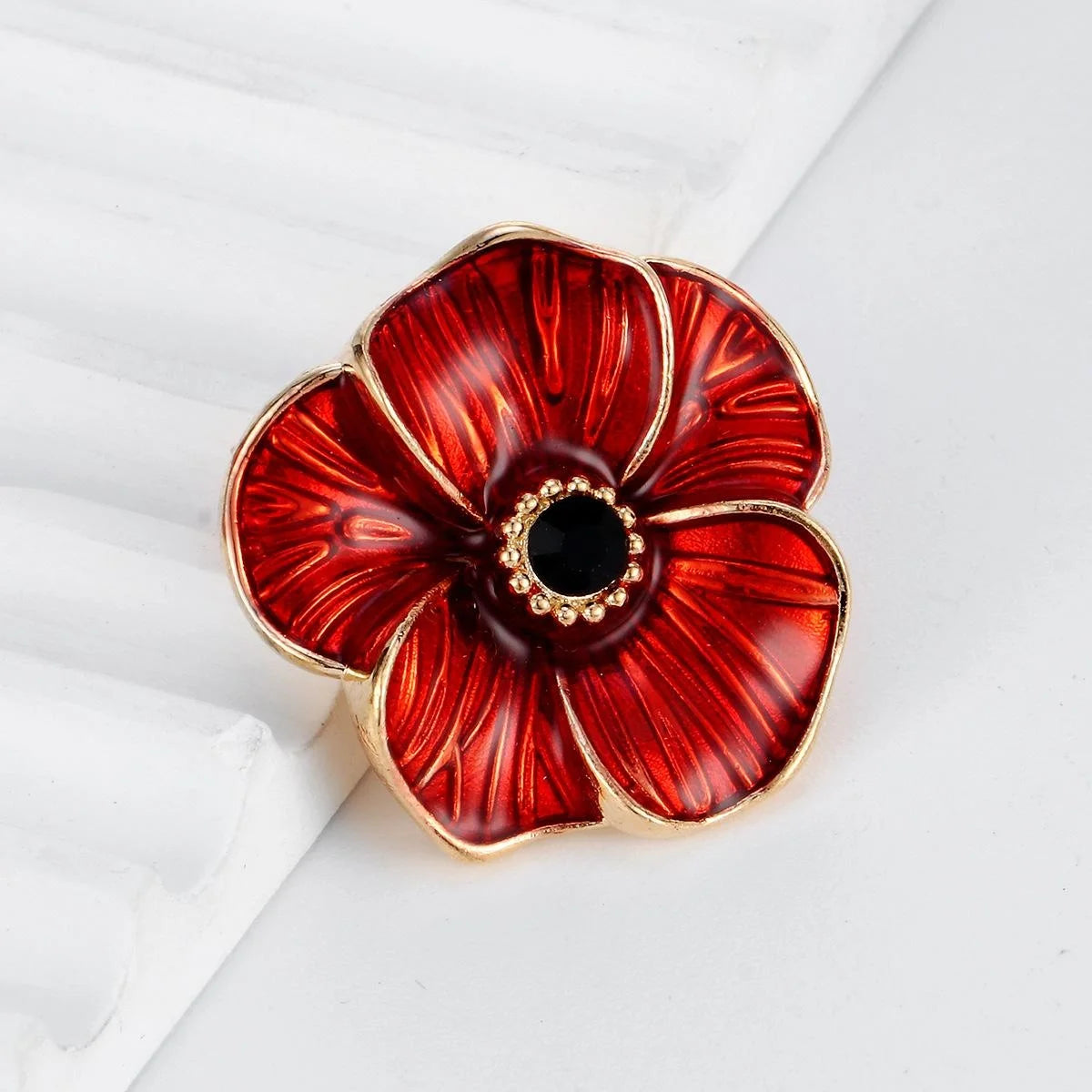 Elegant Red Enamel Poppy Flower Alloy Brooch With Black Rhinestone Center, Women's Lapel Pin Gift