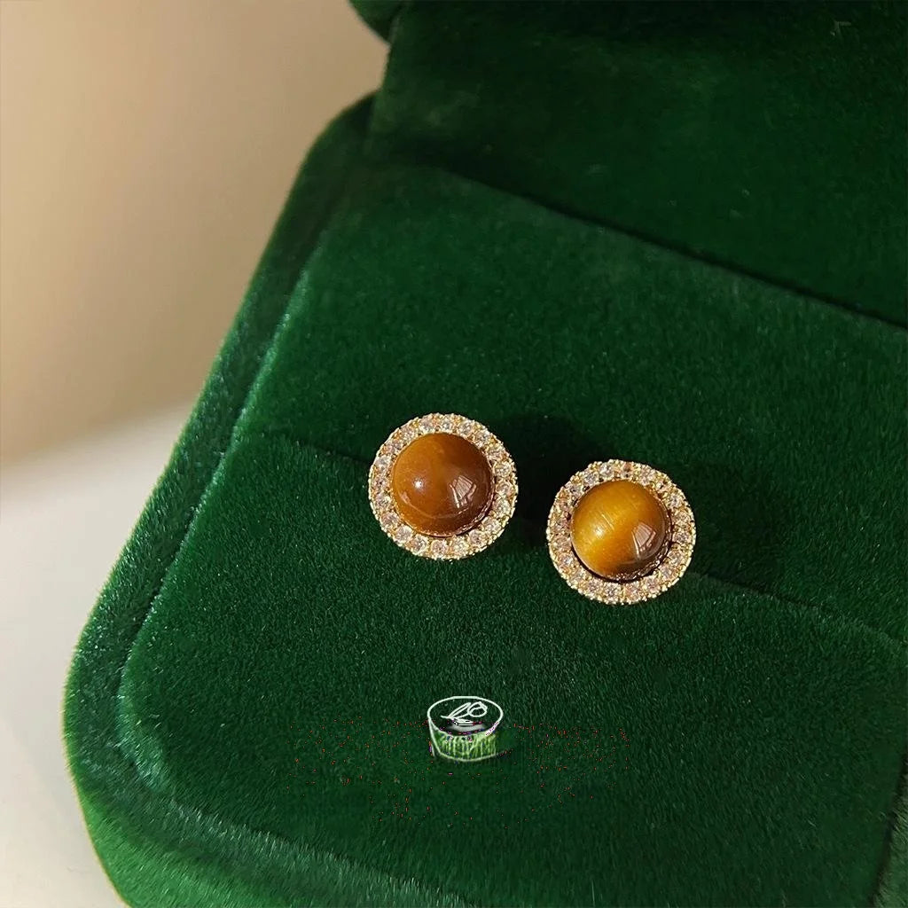 14K Gold Plated Copper Tiger Eye Zircon Round Geometric Stud Earrings Old Money Style