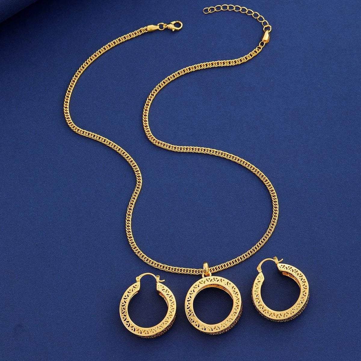 24K Gold Plated Dubai Bridal Jewelry Set With Hollow Round Pendant Necklace And Hoop Earrings For Wedding Gift