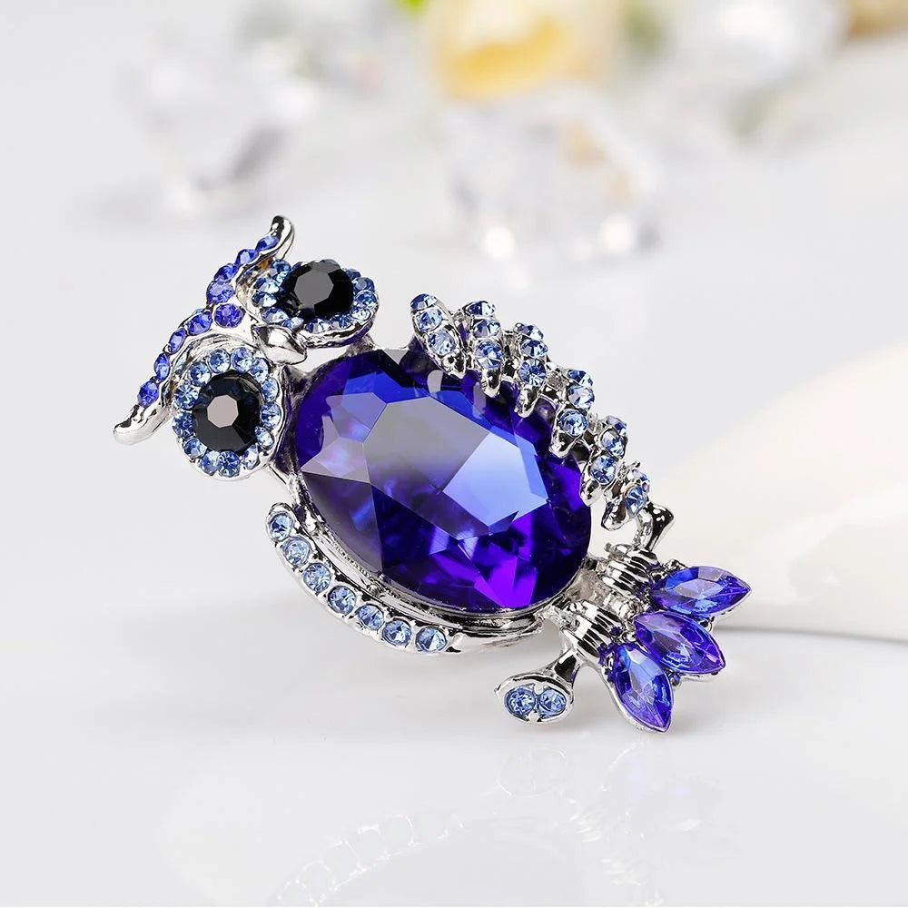 Luxury Royal Blue Acrylic Owl Brooch With Rhinestone Alloy Hollow Lapel Pin Corsage Suit Accessory Gift