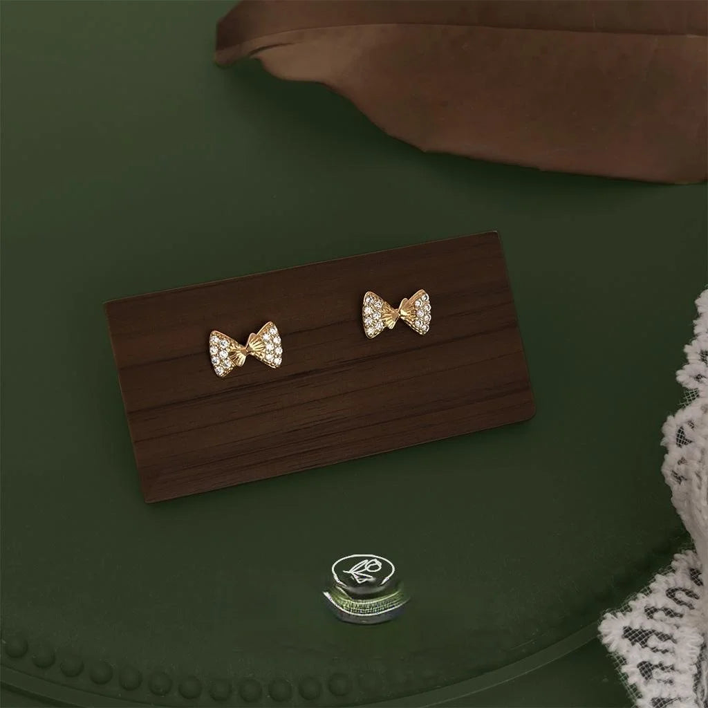 Tiny Micro Pave Zircon 14K Plated Copper Bow Stud Earrings Minimalist Everyday Jewelry
