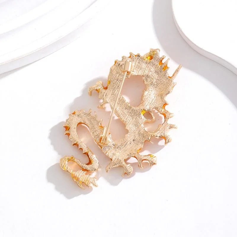 Luxury Orange Enamel Dragon Brooch, Alloy Zodiac Dragon Lapel Pin Corsage Suit Accessory Gift