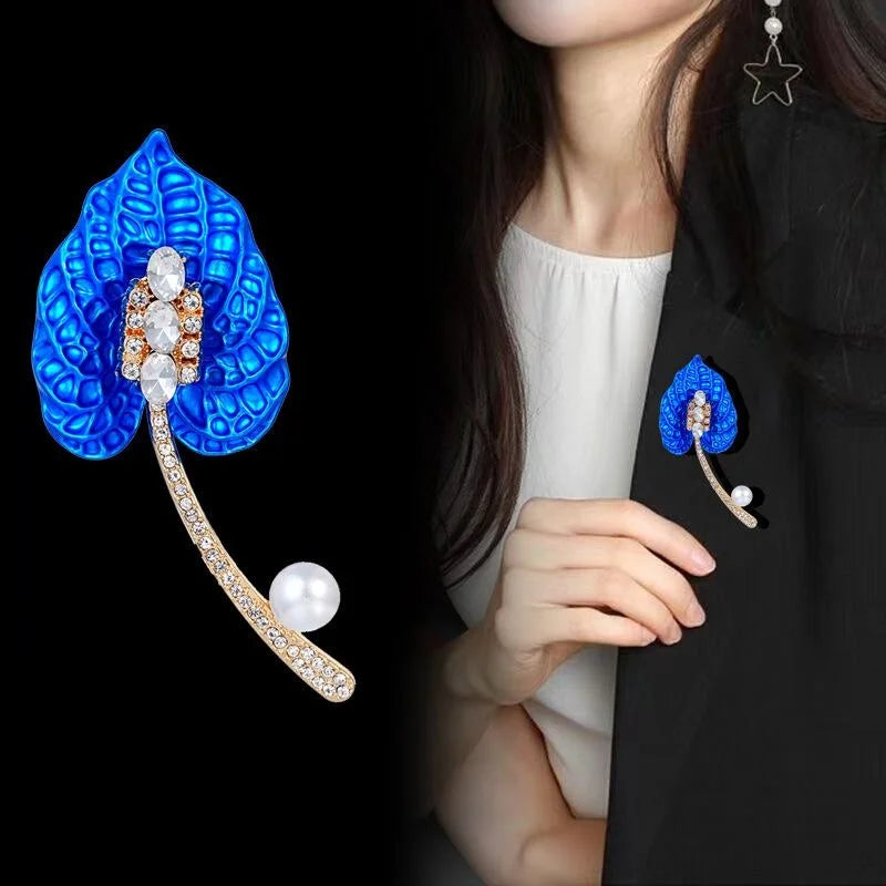 Luxury Red Calla Lily Brooch With Rhinestone Pearl Alloy Stem, Elegant Flower Lapel Pin Suit Accessory