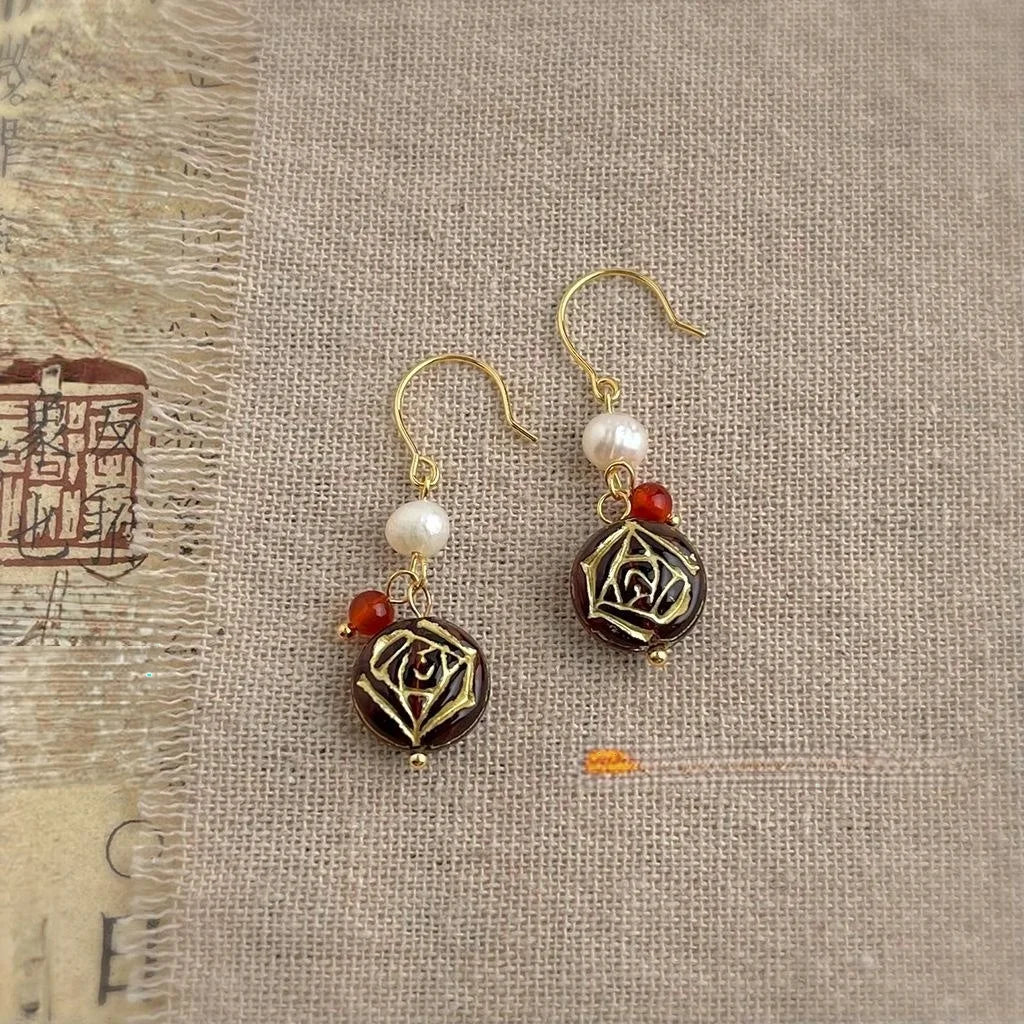 Vintage Handmade Freshwater Pearl Czech Glass Geometric Round Drop Earrings