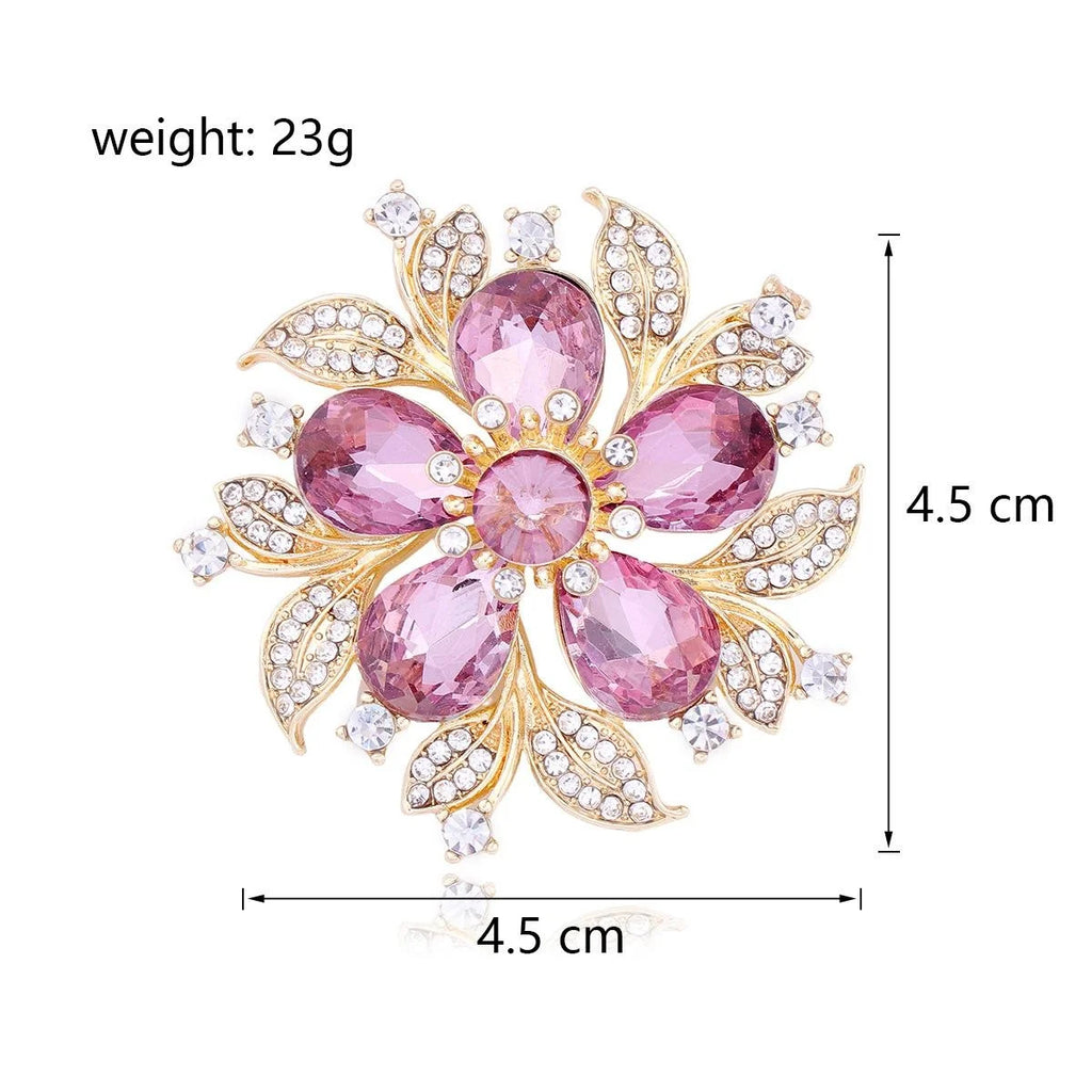 Elegant Blue Crystal Flower Brooch With Rhinestone Leaves, Silver Alloy Lapel Pin Corsage Suit Accessory