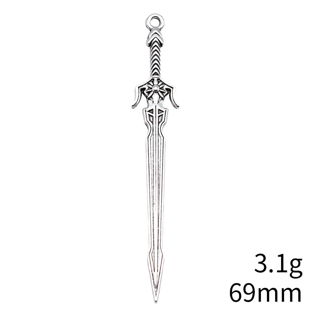 69mm 3.1g Antique Silver Tone Zinc Alloy Sword Weapon Charm Pendant for Cosplay DIY Necklace Jewelry