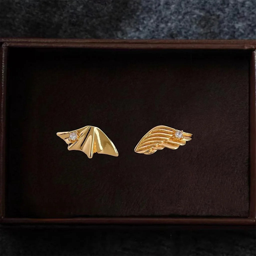 Style Asymmetric Angel Wing Stud Earrings Copper Micro Pave Zircon Jewelry