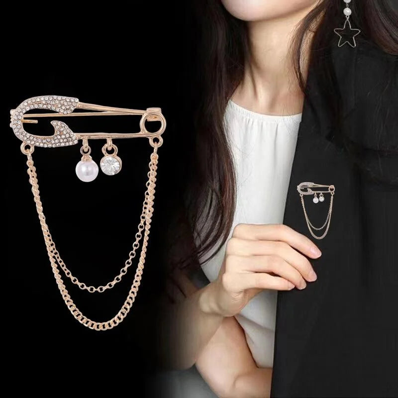 Elegant Gold Alloy Safety Pin Brooch With Rhinestone Pearl Drops And Chain, Women's Lapel Pin Gift