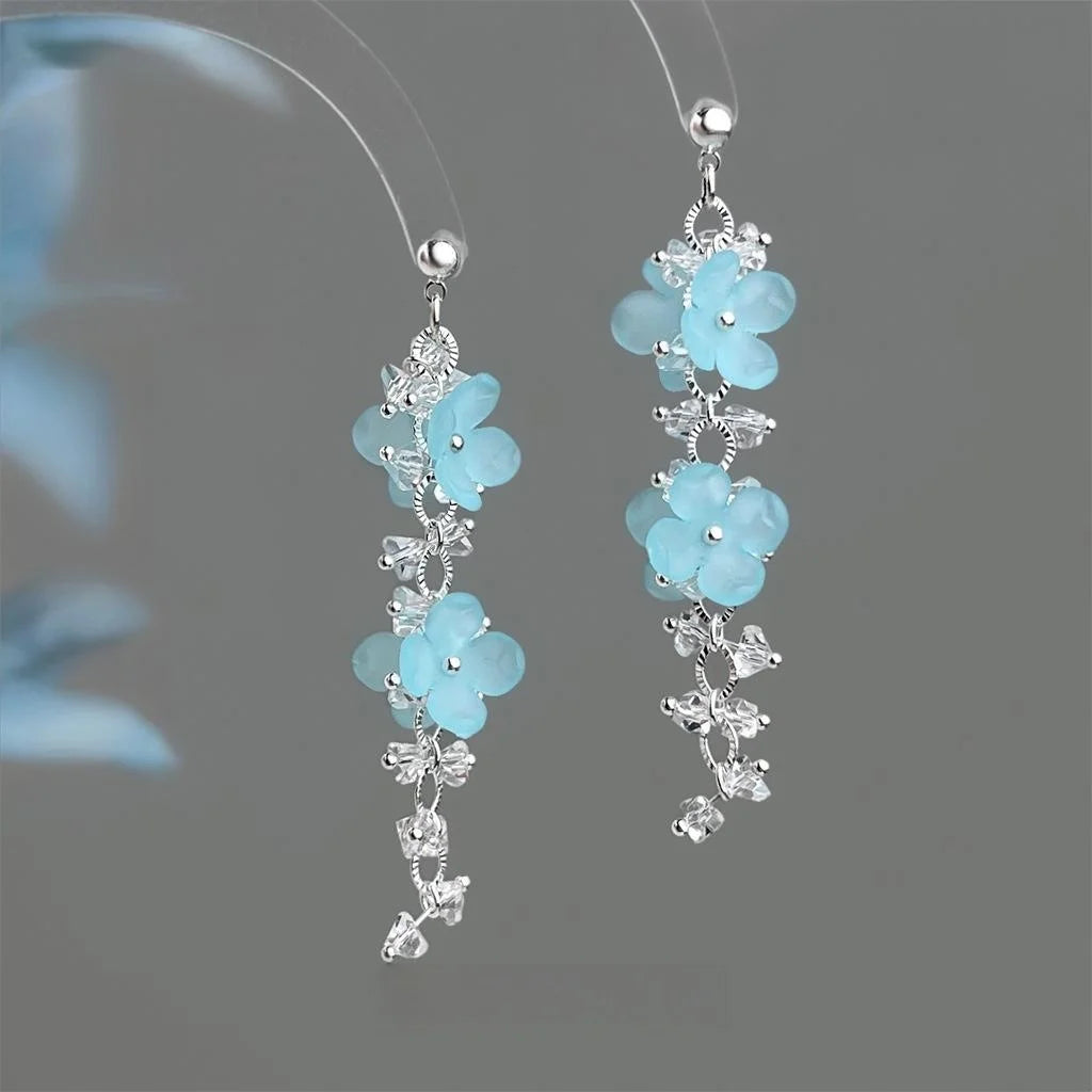 Blue Glass Crystal Flower Drop Earrings Vacation Style Statement Floral Jewelry