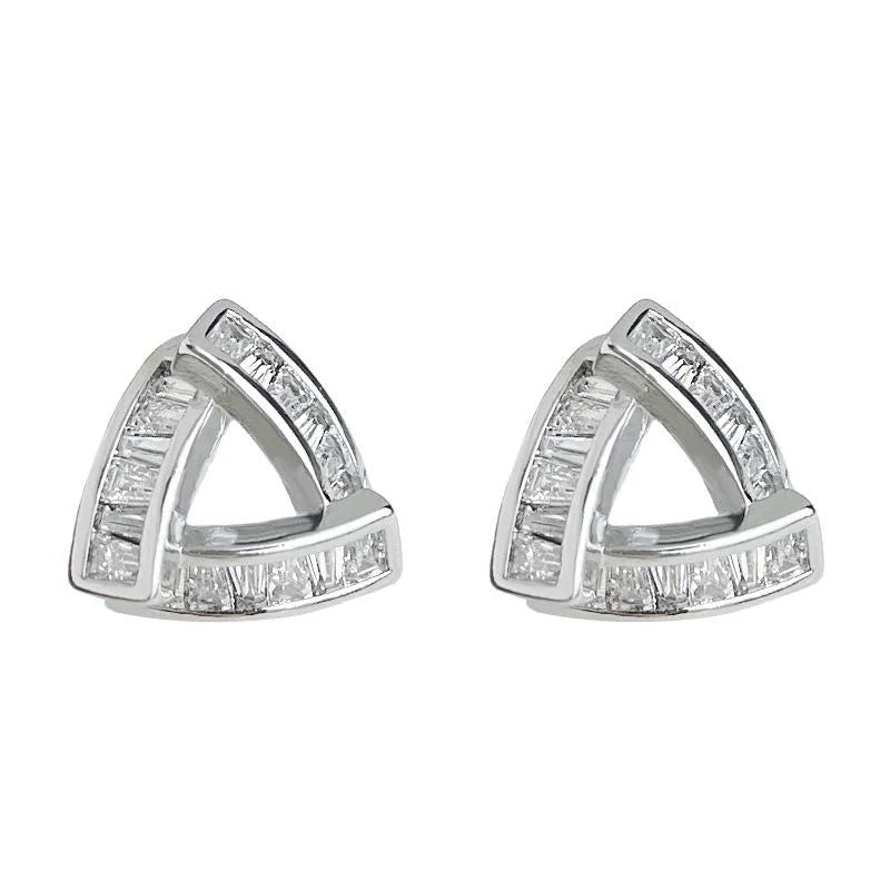 Luxury Micro Pave Zircon Copper Stud Earrings Silver Plated Geometric Hollow Triangle Design