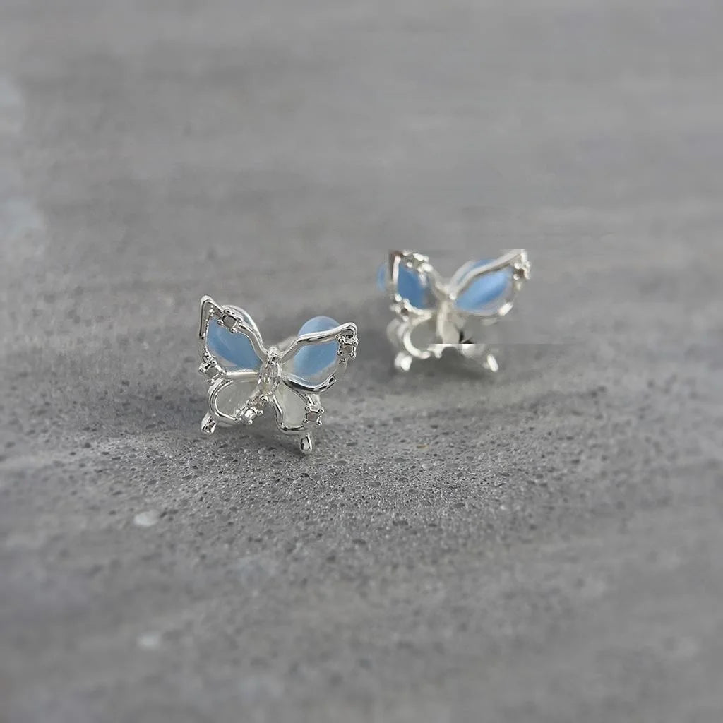 2025 Summer Sweet Cool Blue Glass Cat Eye Zircon Micro Pave 3D Butterfly Stud Earrings