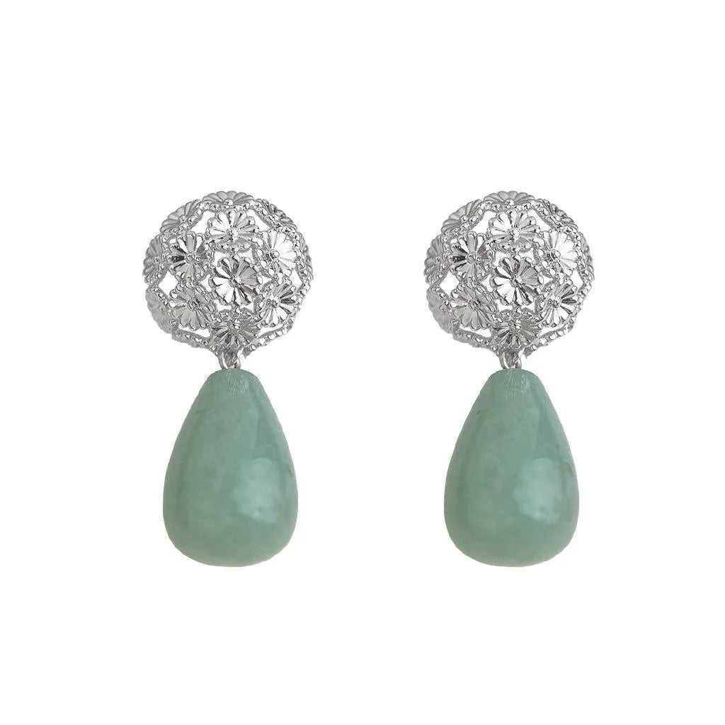 Natural Aventurine Jade Flower Drop Earrings New Chinese Vintage Teardrop Guofeng Jewelry