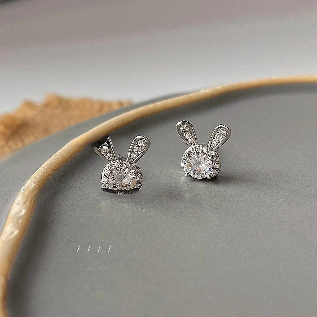 Cute Rabbit Micro Pave Zircon Copper Stud Earrings Simple Sweet Animal Design Jewelry
