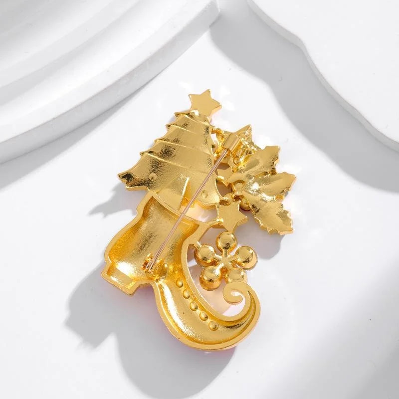 Elegant Christmas Boot Brooch With Enamel Holly Tree And Rhinestones, Alloy Lapel Pin Corsage Gift