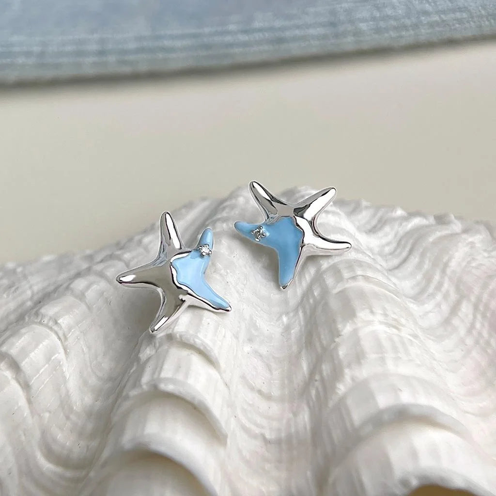 Sweet Blue Enamel Starfish Stud Earrings Silver Plated Copper Ocean Designer Jewelry