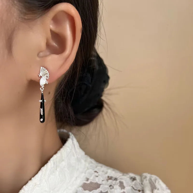 Vintage Chinese Fan Alloy Enamel Long Tassel Pearl Stud & Clip On No Piercing Qipao Earrings