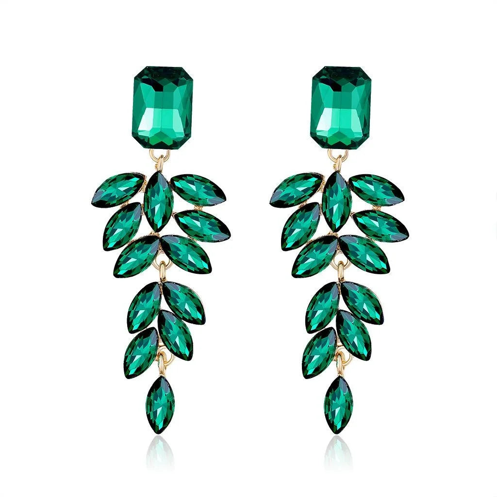 Elegant Champagne Crystal Leaf Tassel Drop Earrings, Luxury Rhinestone Dangle Jewelry For Wedding Party