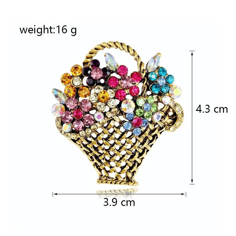 Cute Rhinestone Flower Basket Brooch, Gold Tone Alloy Floral Lapel Pin For Women's Suit Accessory Gift