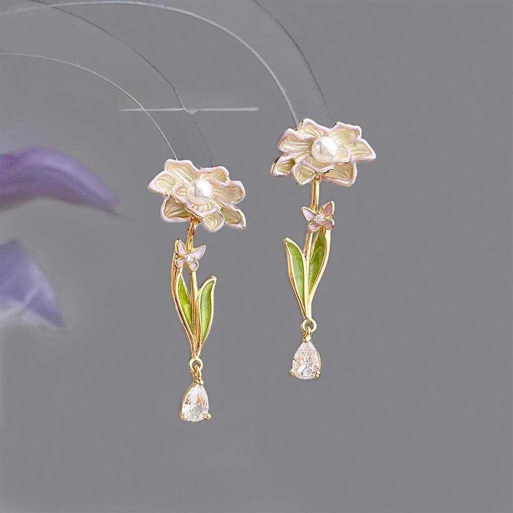 Monet Oil Painting Inspired Enamel Flower Drop Earrings, Copper Zircon Sweet Forest Style