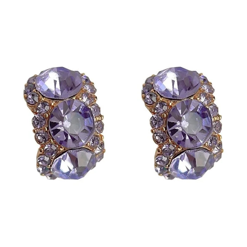 Sparkling Rhinestone Purple Geometric Half Hoop Copper Stud Earrings, Minimalist Trendy Jewelry