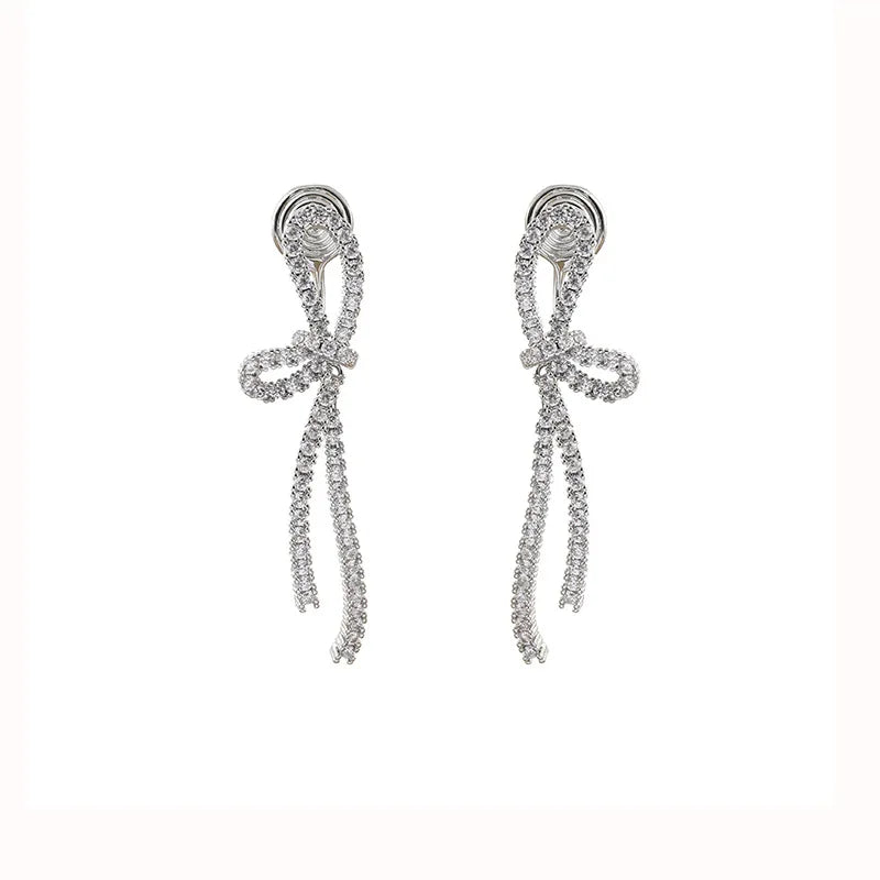 Elegant Zircon Bowknot Long Tassel Stud & Clip On No Piercing Spiral Back Statement Earrings