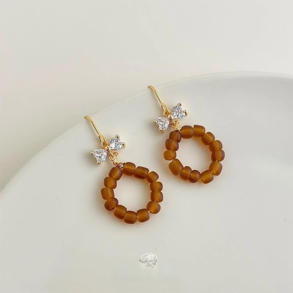 Maillard Style Copper Zircon Bow Geometric Tassel Heart Drop Earrings Vintage Handmade Jewelry