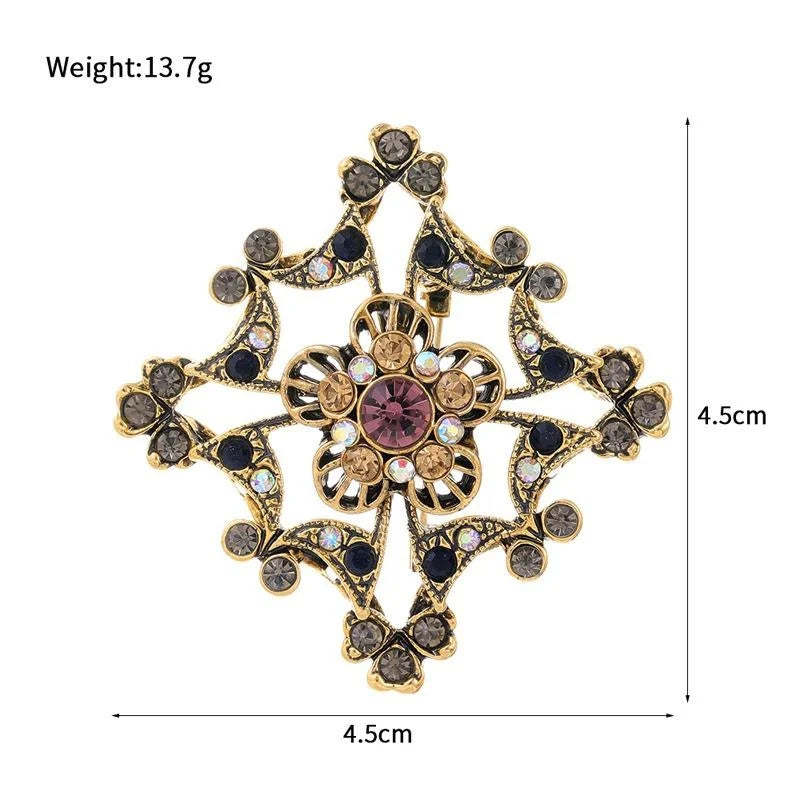 Vintage Baroque Flower Rhinestone Alloy Brooch Elegant Crystal Lapel Pin For Coat Cardigan Suit Accessory