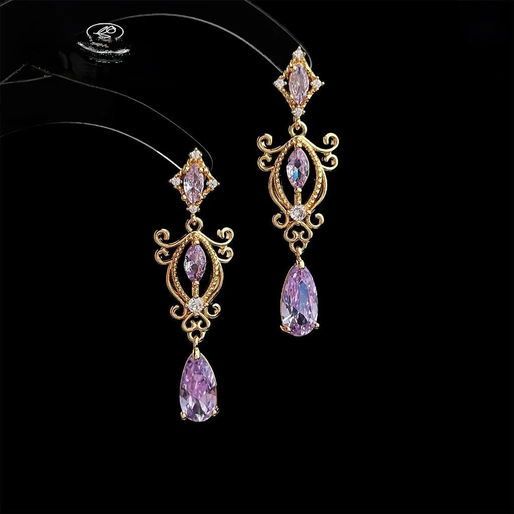 Light Luxury Purple Zircon Teardrop Geometric Copper Drop Earrings