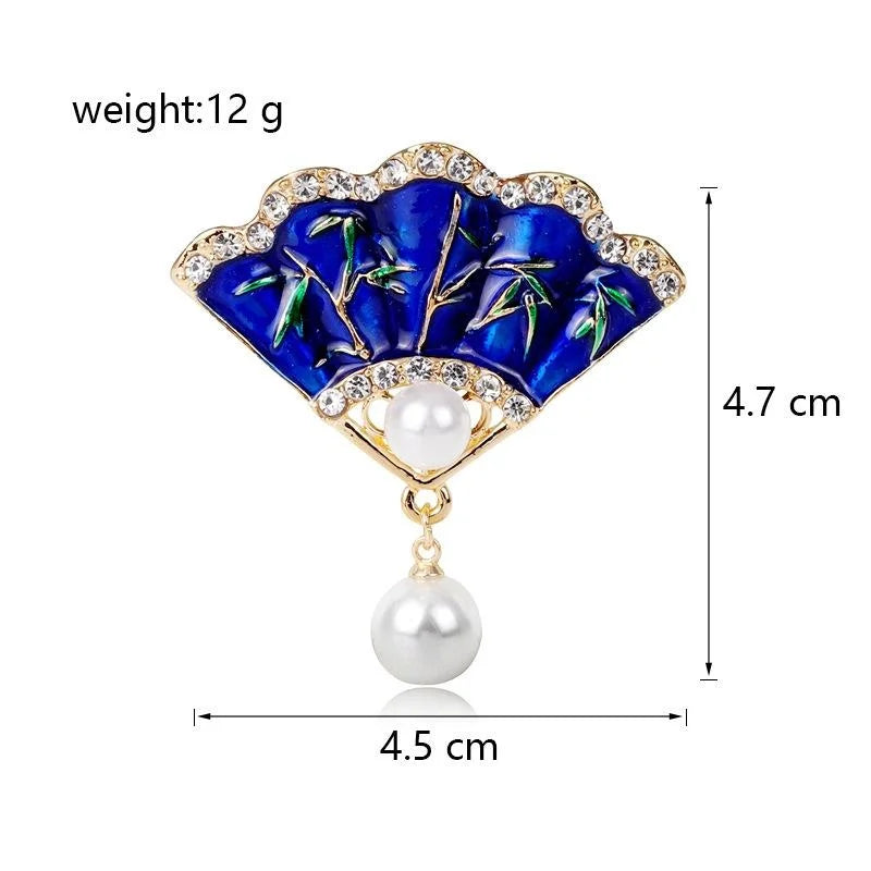 Vintage Chinese Fan Brooch With Blue Enamel Bamboo Rhinestones Pearl Drop, Elegant Lapel Pin Gift