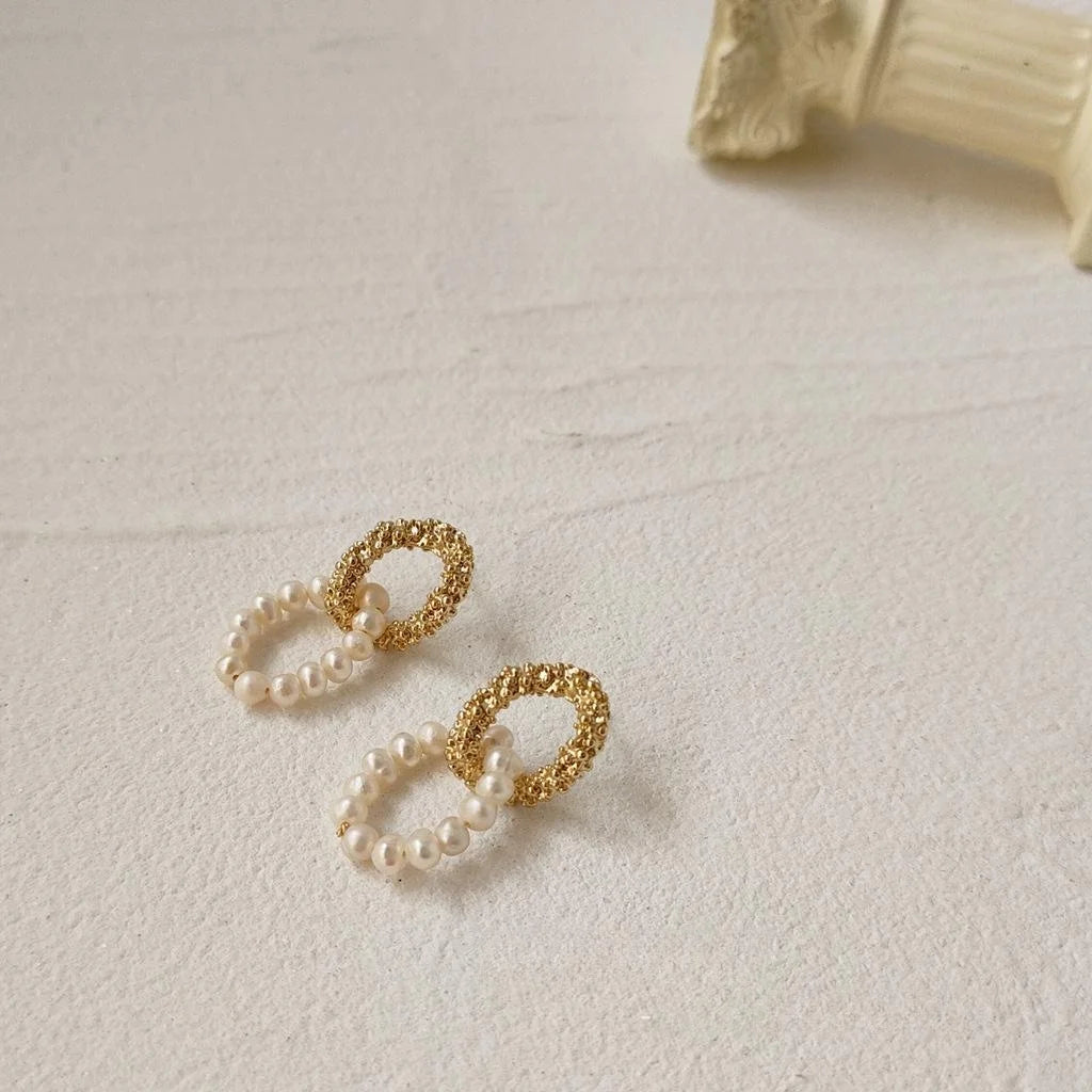 14K Gold Plated Handmade Natural Freshwater Pearl Geometric Hoop Drop Earrings