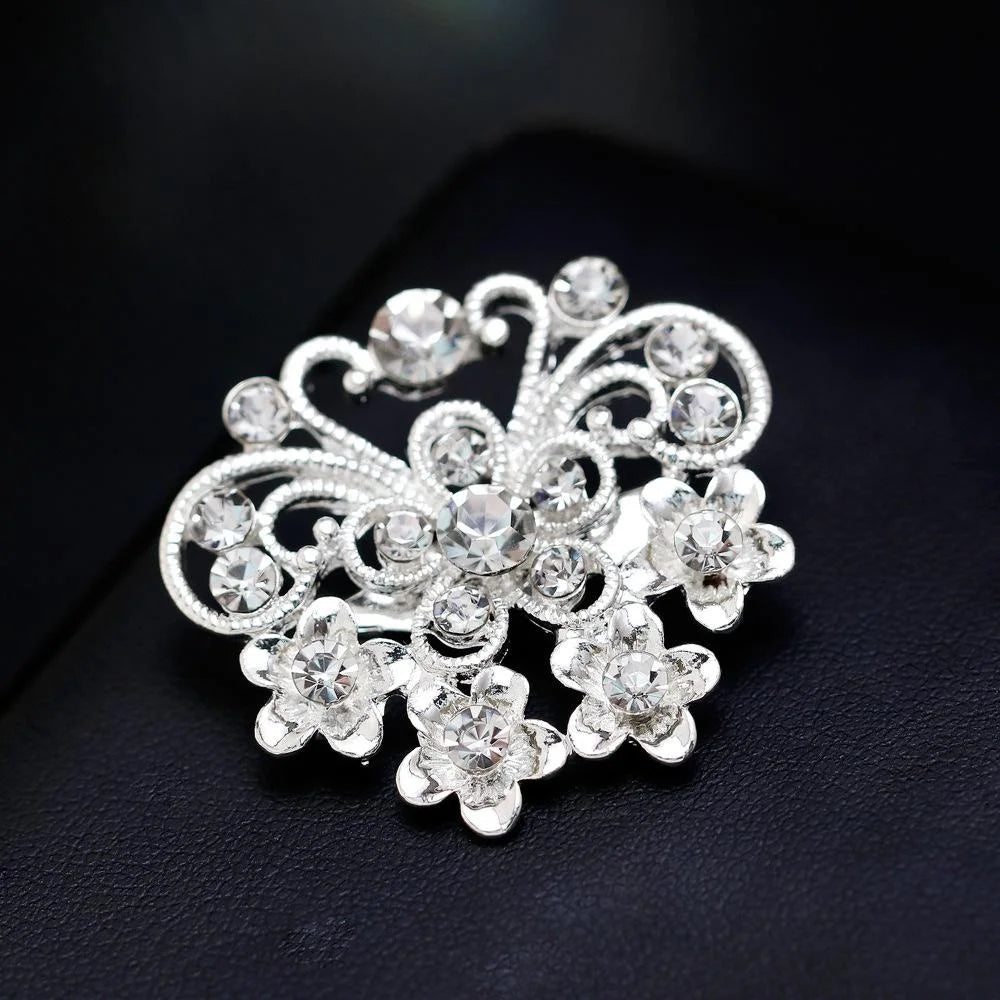 Elegant Small Butterfly Rhinestone Alloy Brooch, Sparkling Silver Floral Lapel Pin Corsage Gift