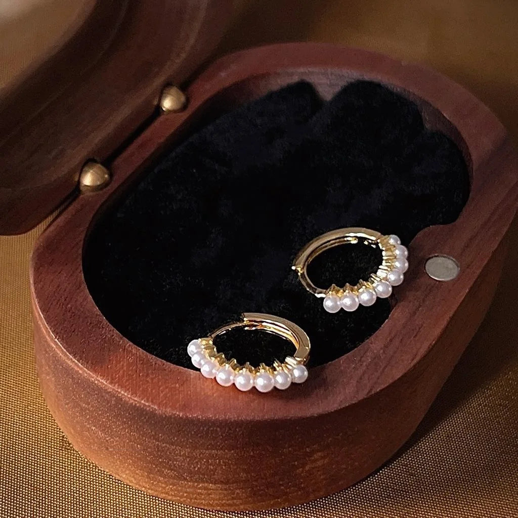 French Elegant Copper Pearl Hoop Earrings, Minimalist Small Beaded Round Jewelry