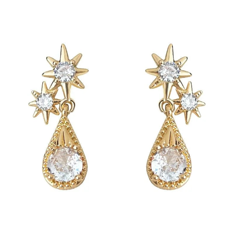 14K Gold Plated Copper Star Teardrop Micro Pave Zircon Drop Earrings