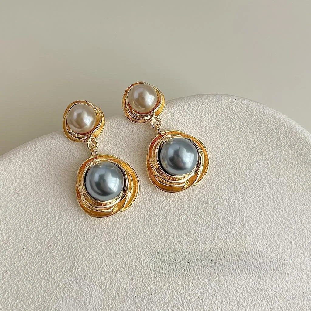 Vintage Hong Kong Style 14K Plated Round Geometric Pearl Drop Earrings For Women