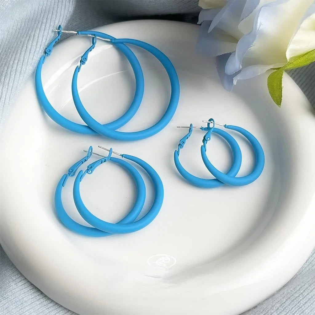 Haze Blue Enamel Metal Geometric Round Drop Earrings For Women Vacation Style Jewelry