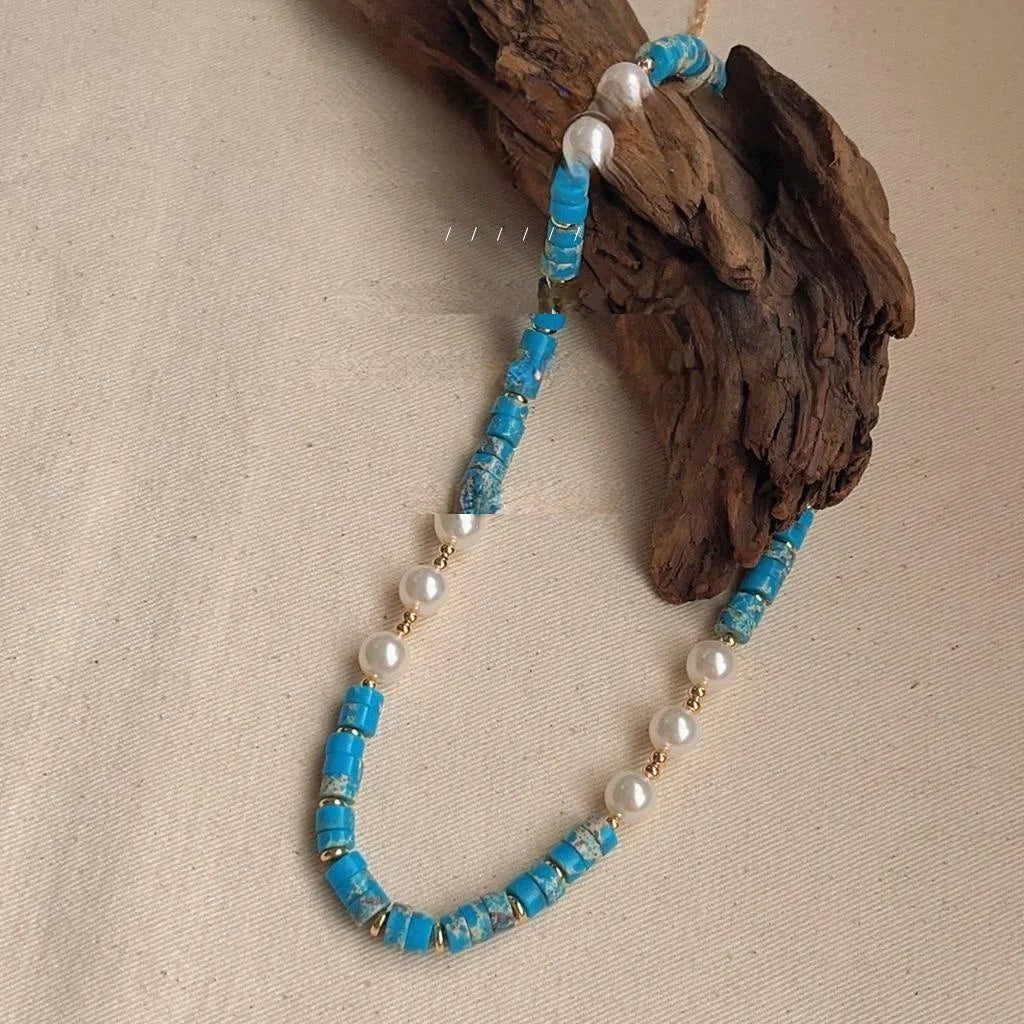 New Chinese Style Natural Stone Beaded Geometric Ring Choker Necklace For Women