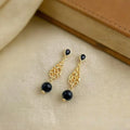 Vintage Floral Teardrop Tassel Drop Earrings With Copper, Black Agate, Zircon