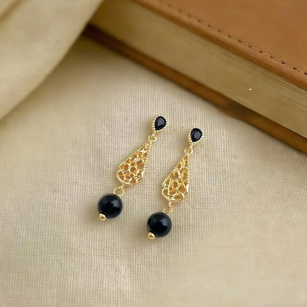Vintage Floral Teardrop Tassel Drop Earrings With Copper, Black Agate, Zircon