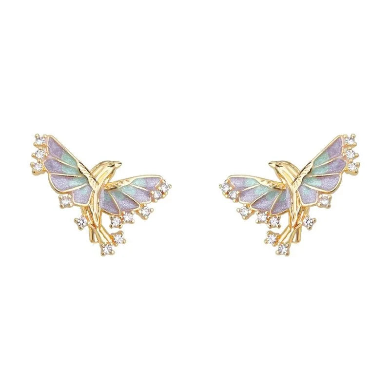 14K Gold Plated Copper Flying Fish Zircon Enamel Stud Earrings Fairy Style Jewelry