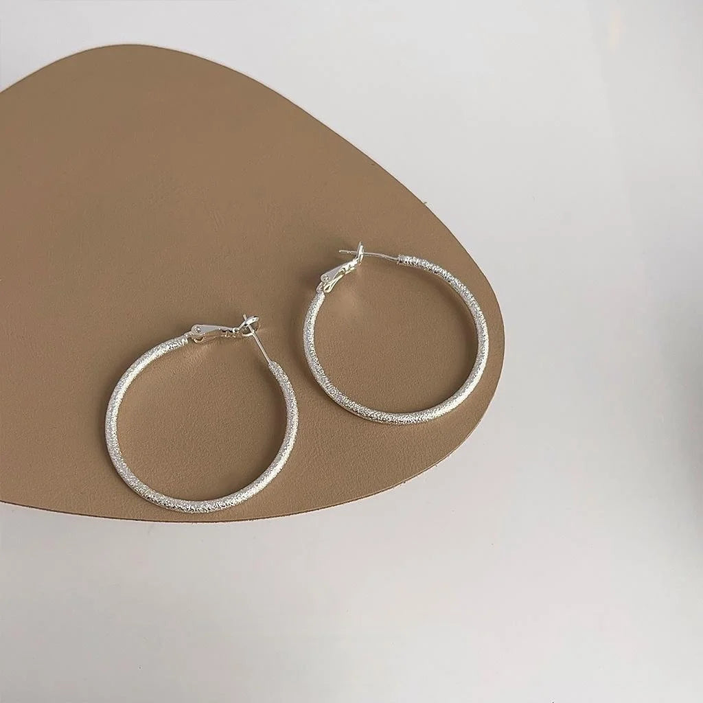 Silver Sand Finish Copper Hoop Drop Earrings, Minimalist Geometric Fashion Jewelry