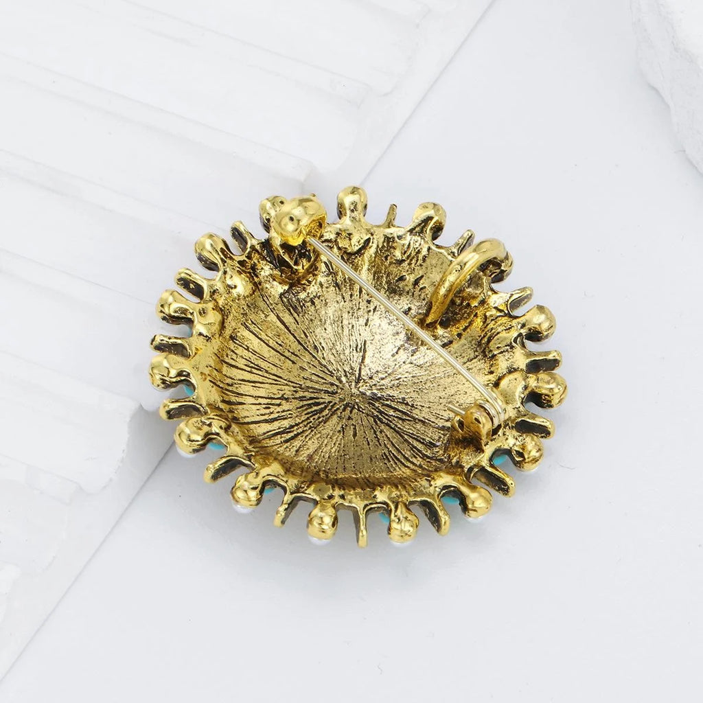 Vintage Bohemian Round Disk Brooch, Gold-Tone Alloy With Faux Pearls Turquoise Beads And Red Rhinestone Lapel Pin Gift