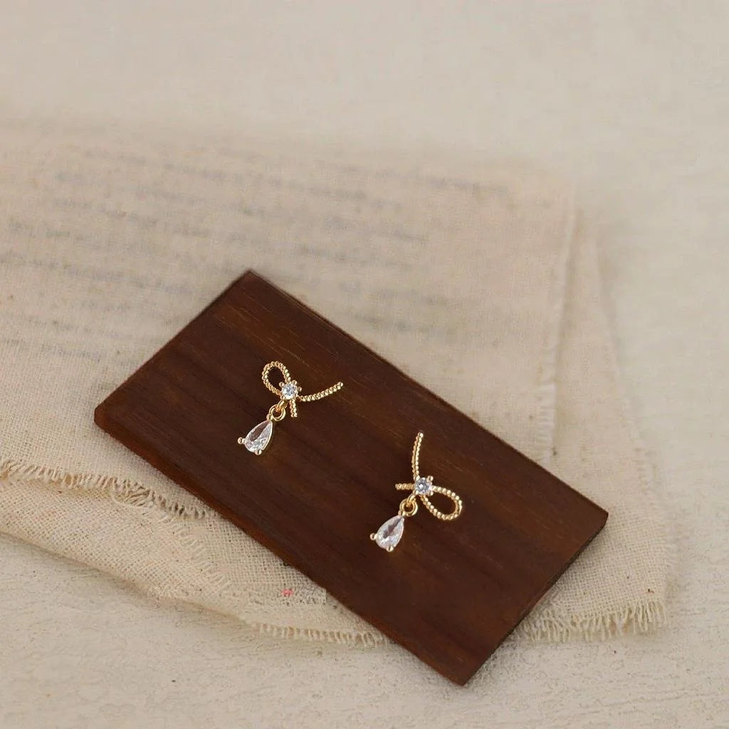14K Plated Copper Bow Knot Waterdrop Micro Pave Zircon Stud Earrings