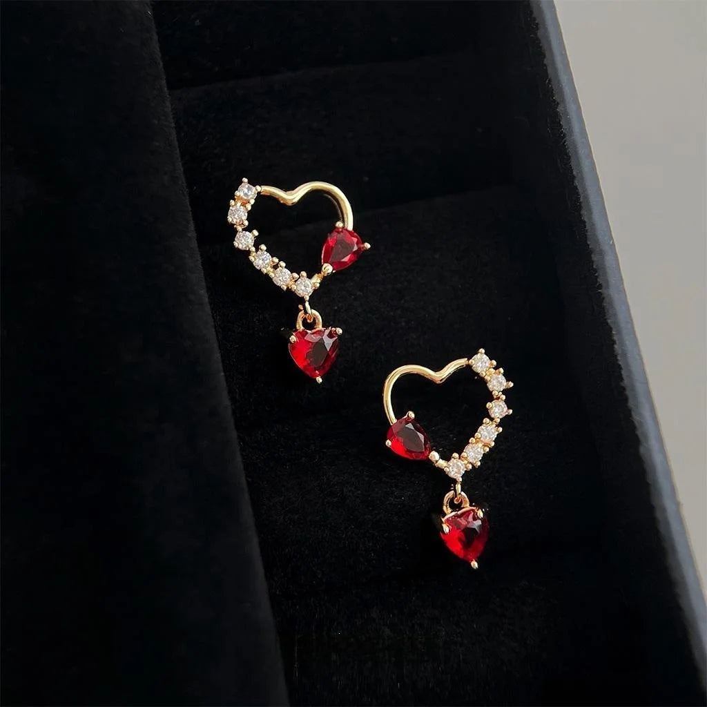 14K Plated Copper Burgundy Zircon Heart Stud Earrings Vintage Minimalist Jewelry