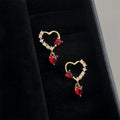 14K Plated Copper Burgundy Zircon Heart Stud Earrings Vintage Minimalist Jewelry