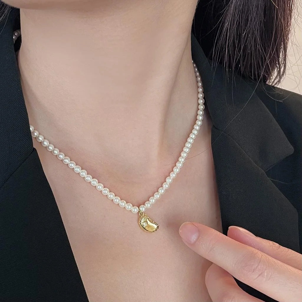 14K Gold Plated Copper Glass Pearl Necklace With Micro Pave Zircon French Vintage Shell Pendant