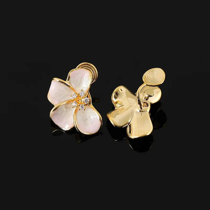 Elegant Pink Enamel Flower Alloy Rhinestone Stud & Clip On No Piercing Sweet Floral Earrings