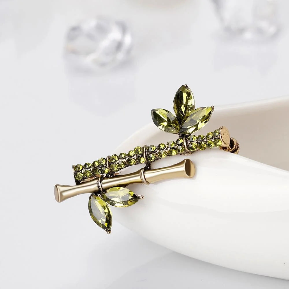 Elegant Bamboo Brooch With Rhinestone Crystal Leaves, Alloy Plant Lapel Pin Corsage Suit Accessory Gift