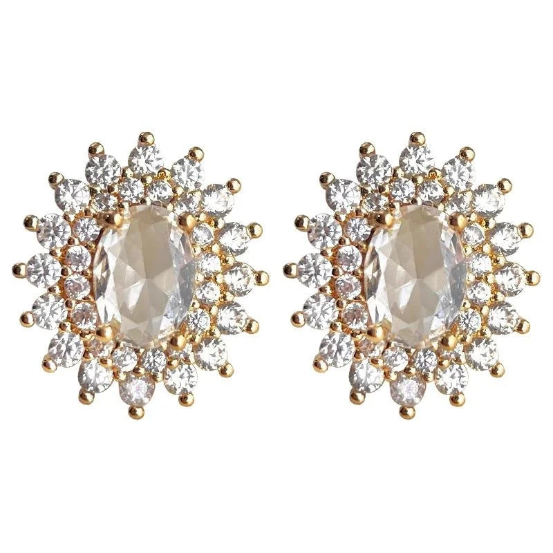 Light Luxury Copper Zircon Oval Geometric Sun Stud Earrings For Women