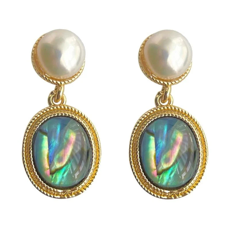 14K Gold Plated Copper Abalone Shell Freshwater Pearl Oval Geometric Stud Earrings