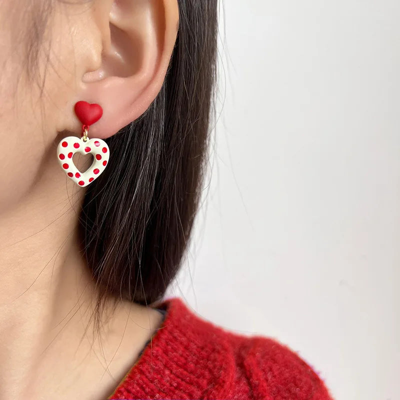 Vintage Red Polka Dot Heart Enamel Alloy Stud & Clip On No Piercing Sweet Dangle Earrings